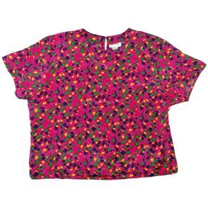 Sara Stephen Womens 2X Pink Floral Print Short Sleeve Button Back Blouse Top